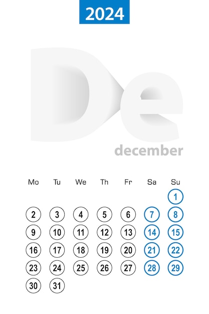 Вектор Календарь на декабрь 2024 года дизайн синего круга неделя английского языка начинается в понедельник