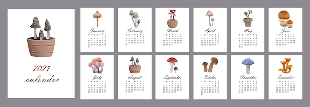 Вектор Календарь на каждый месяц с грибами разных видов одобрезовики