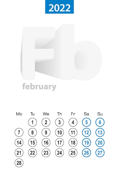 2022년 2월 달력, 파란색 원 디자인. 영어, 주는 월요일에 시작됩니다.