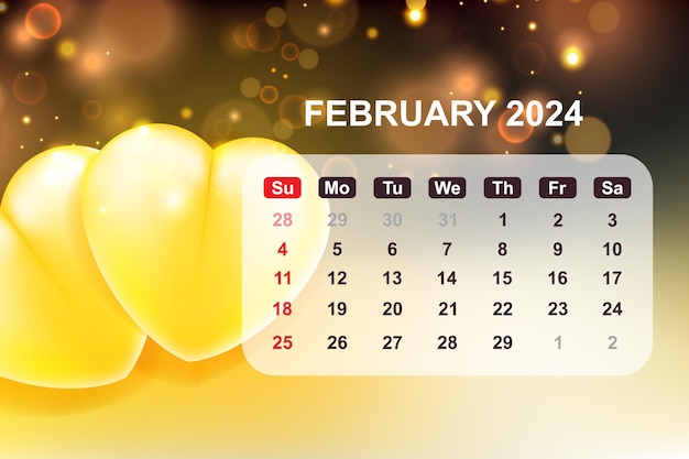 ベクトル 2024年2月のカレンダー 愛の背景 ベクトルイラストレーション