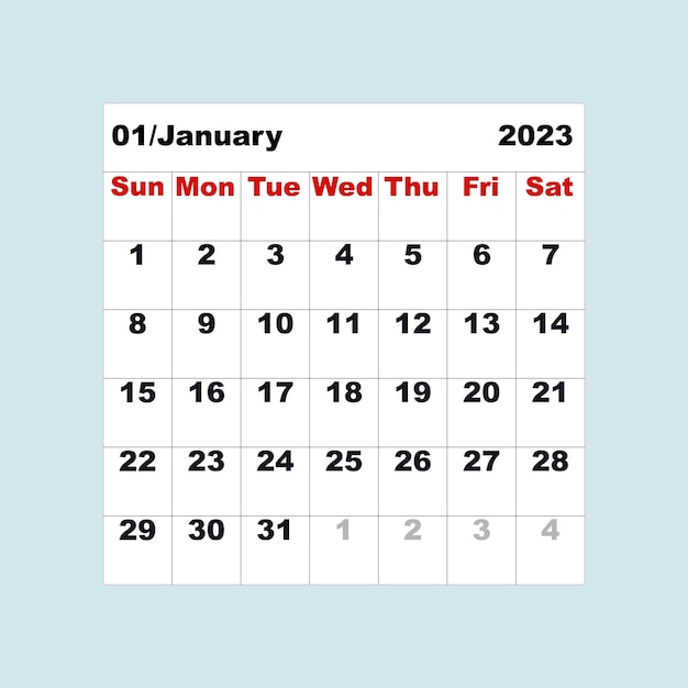 テーブルの形で 2023 年 1 月のカレンダー ベクトル図