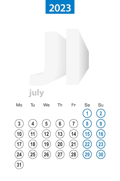 2023年7月のカレンダー 青い丸のデザイン 英語の週は月曜日から始まります