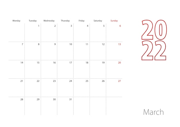 Календарь на март 2022 года в современном дизайне, шаблон-планировщик.