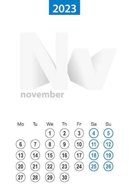 2023년 11월 파란색 원 디자인 영어 주간 달력은 월요일에 시작됩니다.