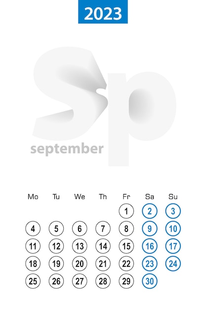 2023년 9월 파란색 원 디자인 영어 주간 달력은 월요일에 시작됩니다.
