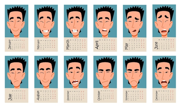 男性アジア人キャラクターの面白い感情を持つカレンダー