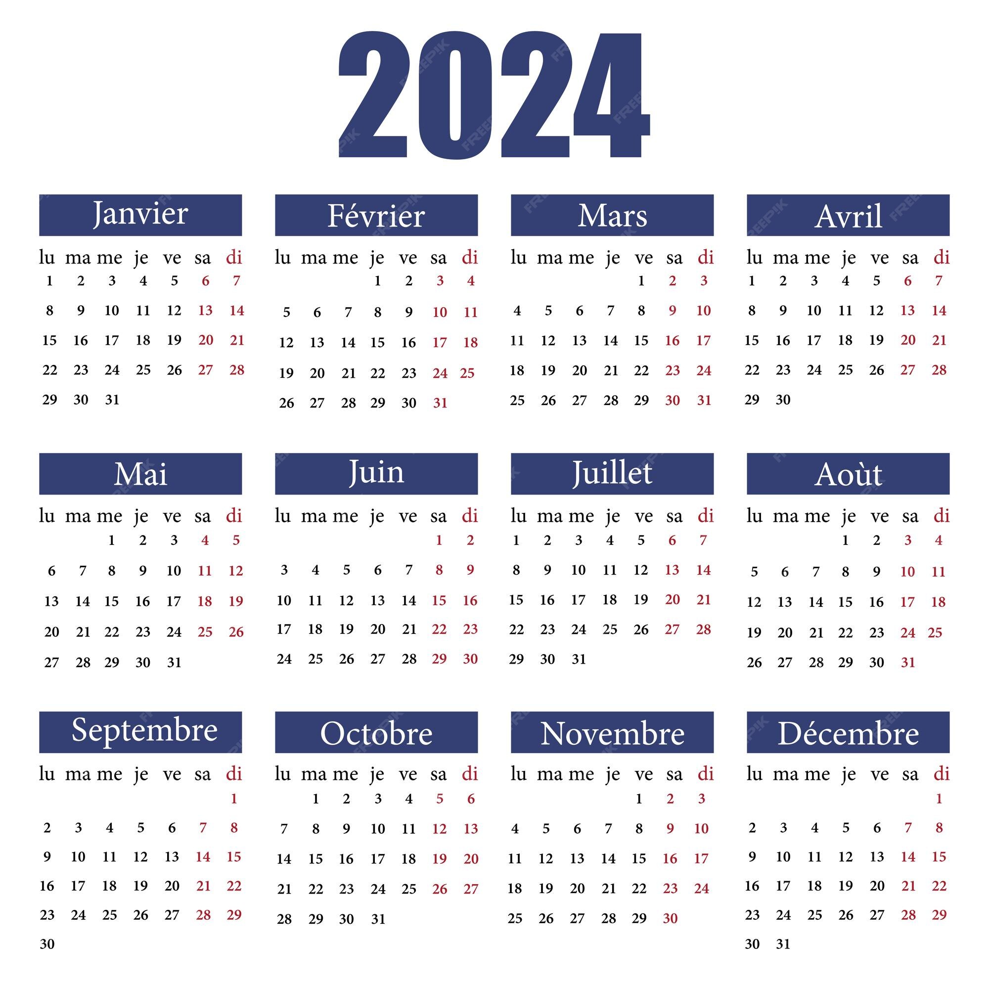 Calendario in francese per il 2024 la settimana inizia dal lunedì