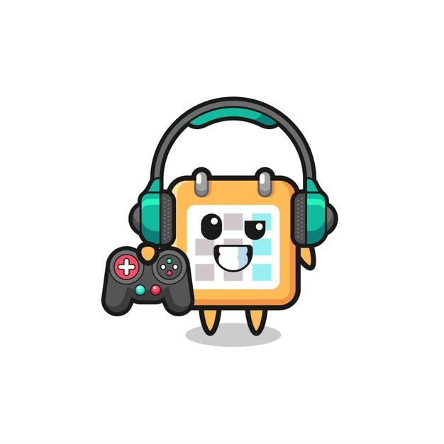 Mascotte del giocatore del calendario che tiene un controller di gioco