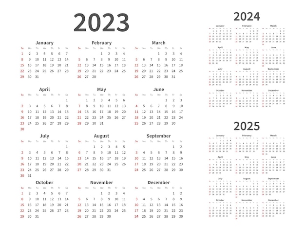 달력 그리드 2023 2024 2025년 그래픽 계획 간단한 최소한의 흰색 디자인 날짜 번호 월 일기 페이지 일요일부터 안식일까지 수직 주 주최자 벡터 연간 월간 플래너 세트