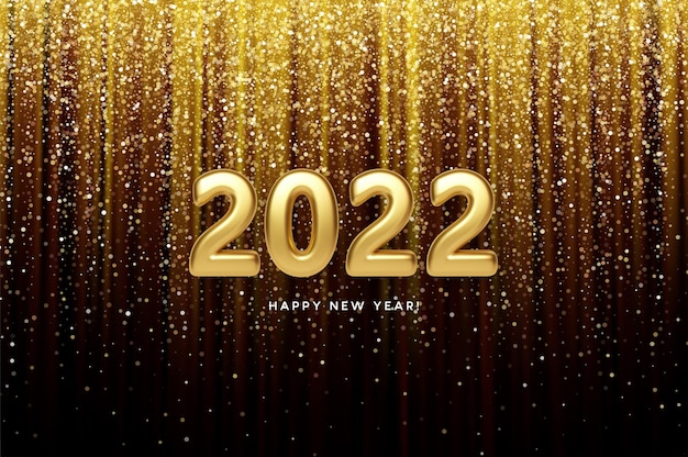 Intestazione del calendario 2022 numero d'oro metallico realistico su sfondo glitter oro. felice anno nuovo 2022 sfondo dorato.