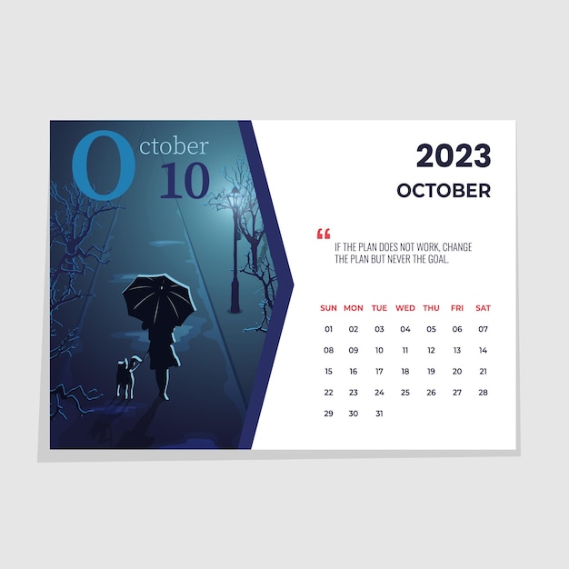 Calendar horizontal A4 for 2023 month october