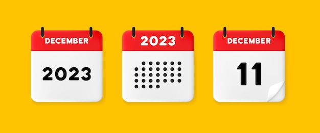 Calendar icon december 2023 11 day the concept of waiting for an important date calendar with raised pages red calendar isolated on yellow background 3d vector illustration