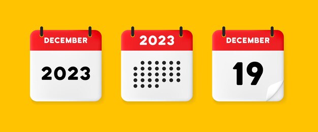 Calendar icon december 2023 19 day the concept of waiting for an important date calendar with raised pages red calendar isolated on yellow background 3d vector illustration