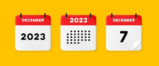 Calendar icon december 2023 7 day the concept of waiting for an important date calendar with raised pages red calendar isolated on yellow background 3d vector illustration