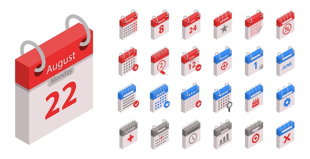 Calendar icon set. Isometric set of calendar vector icons for web design isolated on white background