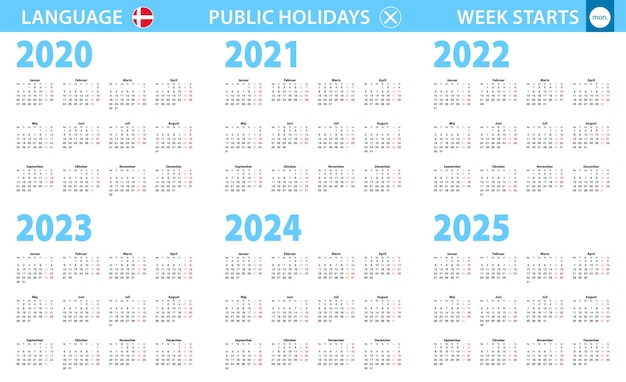 2020年、2021年、2022年、2023年、2024年、2025年のデンマーク語のカレンダー。週は月曜日から始まります。