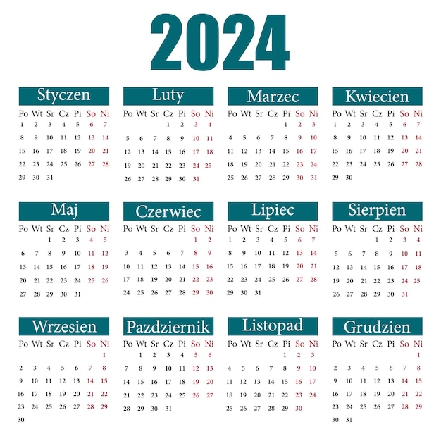 Календарь на польском языке на 2024 год. неделя начинается с понедельника.  векторная иллюстрация | Премиум векторы