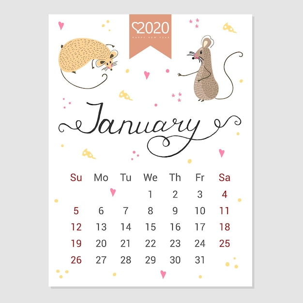 Calendario gennaio 2020 calendario mensile carino con ratto personaggi in stile disegnato a mano anno del ratto