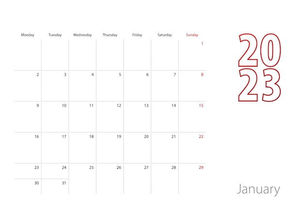 Vector calendar for january 2023 in modern design planner template