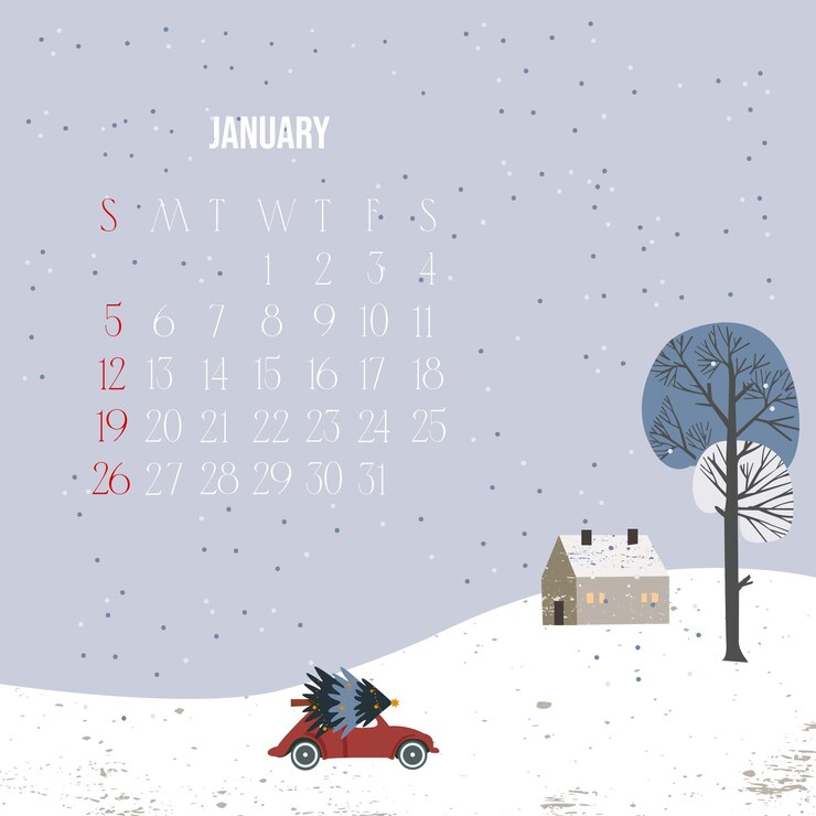 Vector calendar for january 2025 the car is carrying a christmas tree on the roof