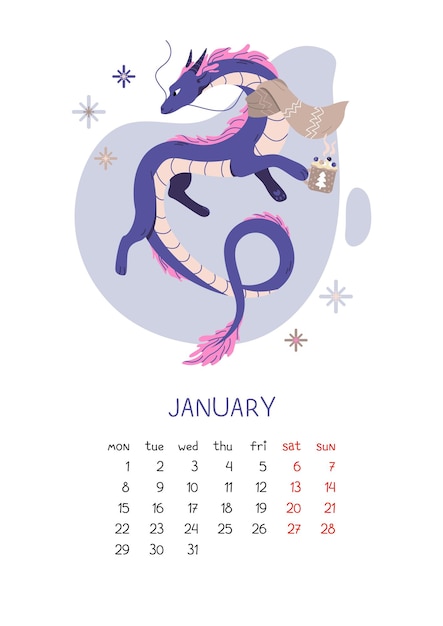 calendar for january chinese dragon wearing scarf and hold mug of hot drink with marshmallows