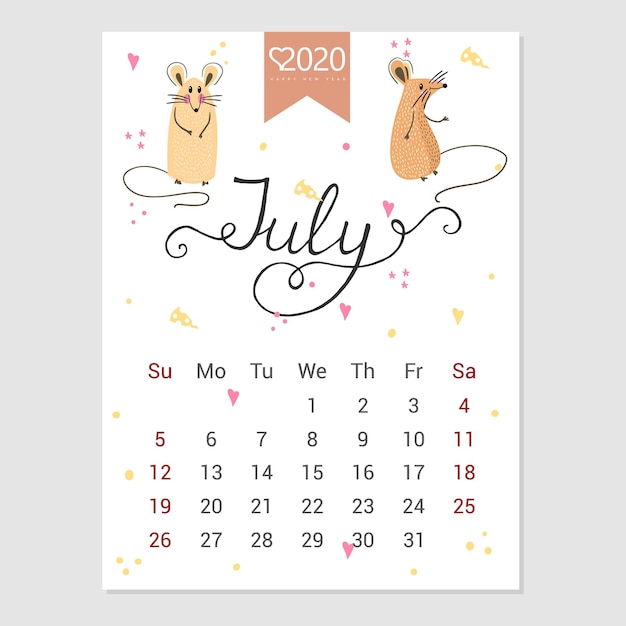 Calendario luglio 2020 calendario mensile carino con ratto personaggi in stile disegnato a mano anno del ratto