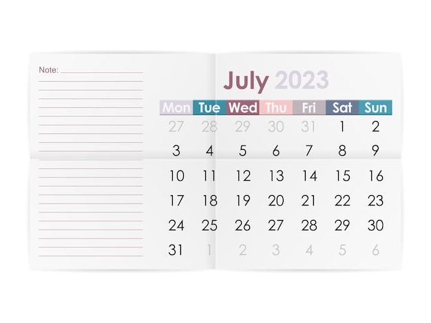 Vector calendar july 2023