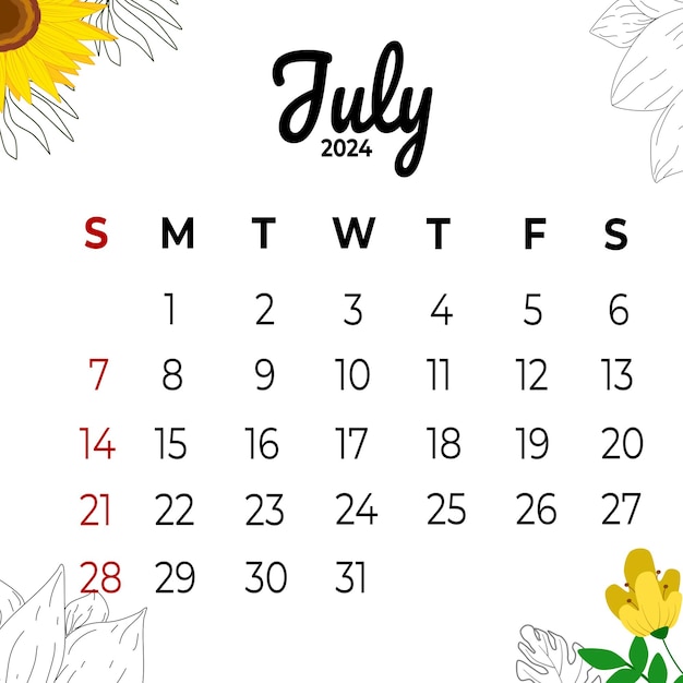 Vettore calendario luglio 2024 con fiori estetici