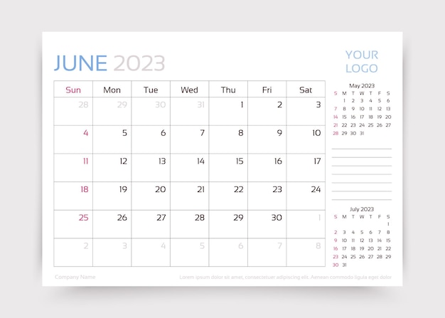 Calendar for june 2023 year desk monthly planner template vector illustration