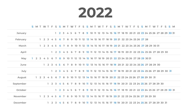 Calendario lineare per l'anno 2022 la settimana inizia domenica