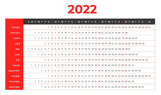 2022년 선형 달력 주 시작 일요일