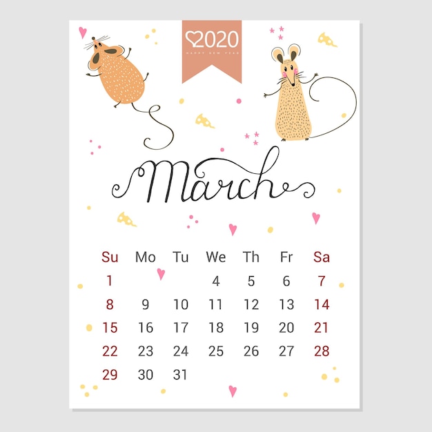 Vettore calendario marzo 2020 calendario mensile carino con ratto personaggi in stile disegnato a mano anno del ratto