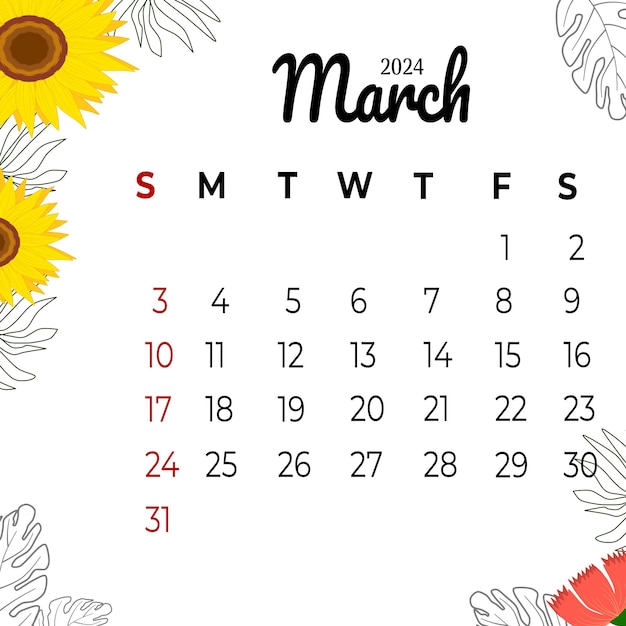 Vector calendar march 2024 week start sunday