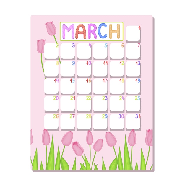 Vector calendar for march with tulips
