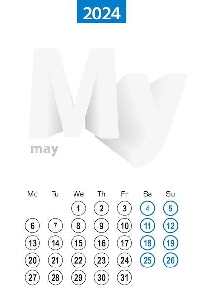 Calendar for May 2024 blue circle design English language week starts on Monday