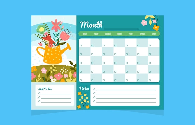 a calendar for month with a flower pot and a flower on it