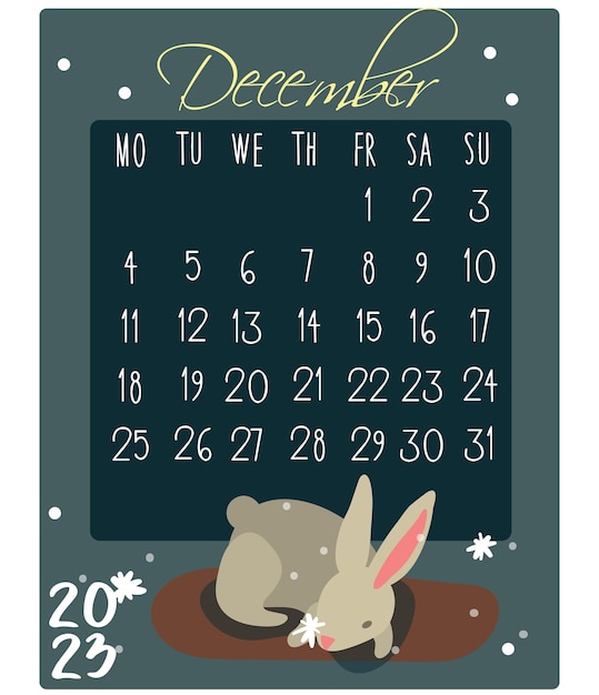 Calendar for the month with rolls for 2023 Rabbit in December Calendar month for printing