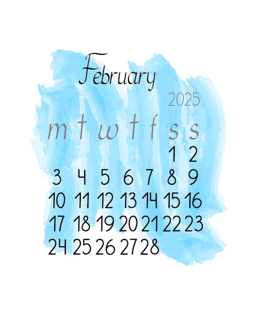 Calendar monthly template for February 2025 in simple minimalist style vertical portrait orientation