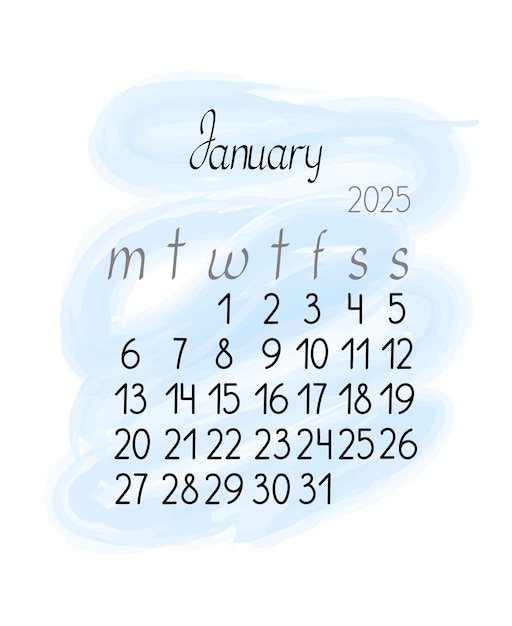 Vector calendar monthly template for january 2025 in simple minimalist style vertical portrait orientation