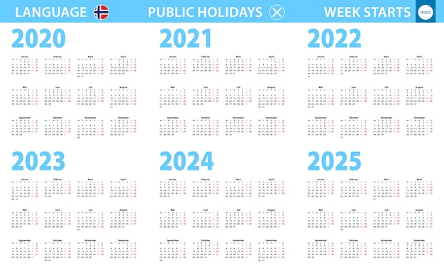 Календарь на норвежском языке на 2020, 2021, 2022, 2023, 2024, 2025 год. Неделя начинается с понедельника.