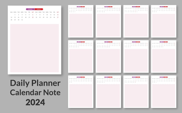 ベクトル カレンダーメモ デイリープランナー 2024 ベクトルデザインテンプレート デスクカレンダー 書き込めるカレンダー