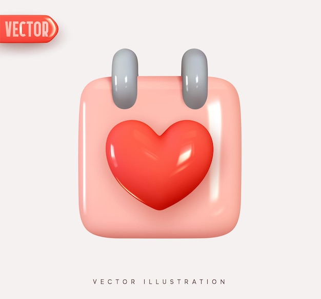 달력, 메모 알림. 붉은 마음으로 주최자 3d 벡터 아이콘입니다. 로맨틱한 디자인을 위한 현실적인 요소