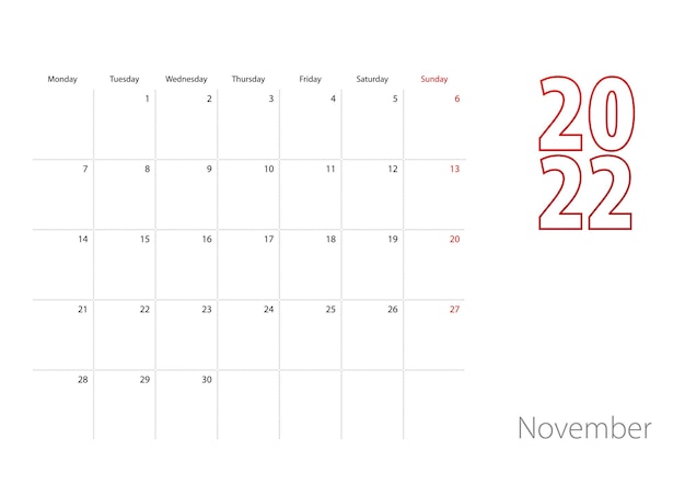 Vettore calendario per novembre 2022 in design moderno, modello di pianificatore.