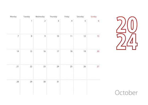 Vector calendar for october 2024 in modern design planner template