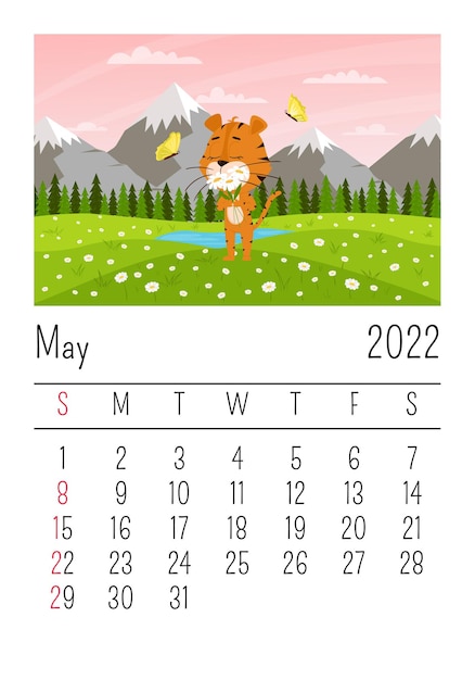 Calendar page for 2022, May. Cute tiger sniffs flowers on the background of mountains and fields