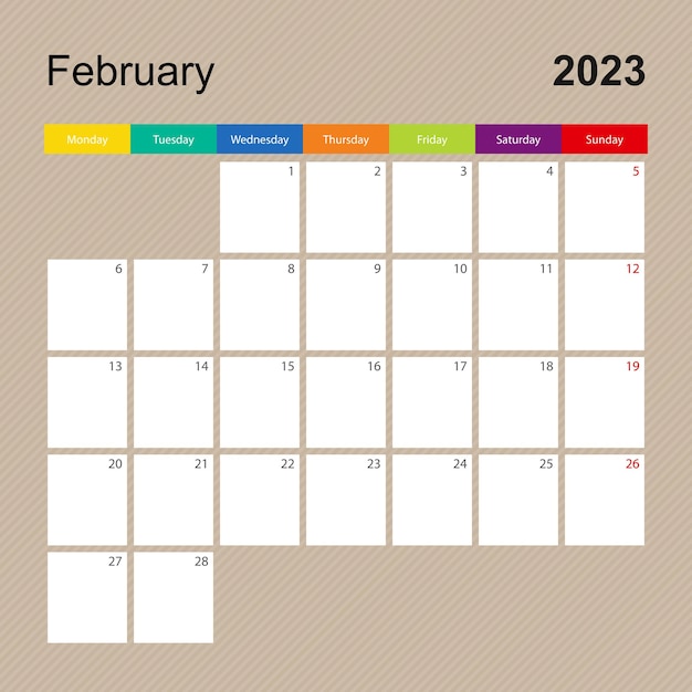 カラフルなデザインの 2023 年 2 月ウォール プランナーのカレンダー ページ週は月曜日に始まります