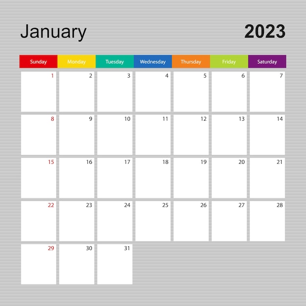 Pagina del calendario per il planner da parete gennaio 2023 con design colorato la settimana inizia di domenica