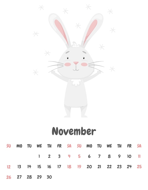 2023년 11월 달력 페이지에 귀여운 웃는 토끼가 날아다니는 눈송이 속에서 기뻐하고 있습니다. 파스텔 색상의 사랑스러운 동물 캐릭터 흰색 배경에 벡터 그림