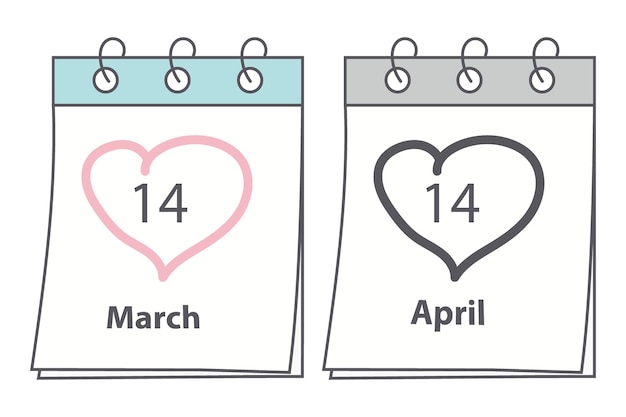 날짜를 표시한 달력 페이지: 3월 화이트 데이와 4월 블랙 데이, 심장 모양, 손으로 