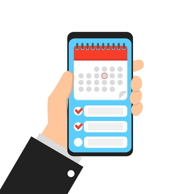 Calendar on the phone hand holds vector planning schedule illustration in flat